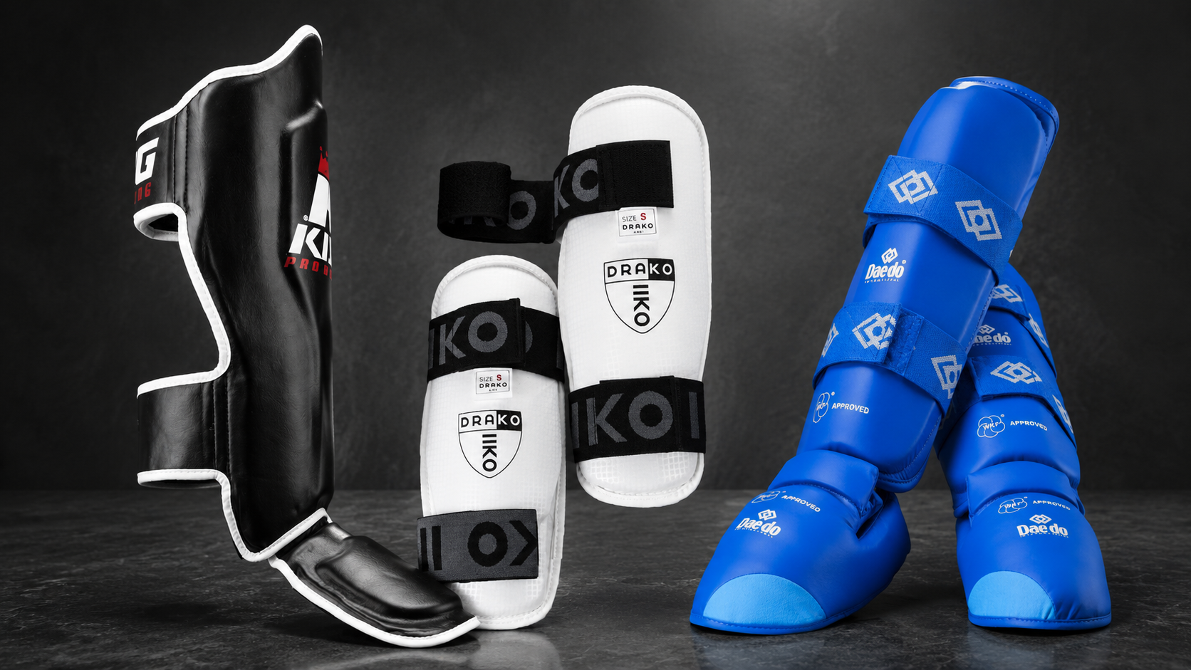 best shin guards for muay thai mma and karate displayed on dark surface with strap-style and competition models
