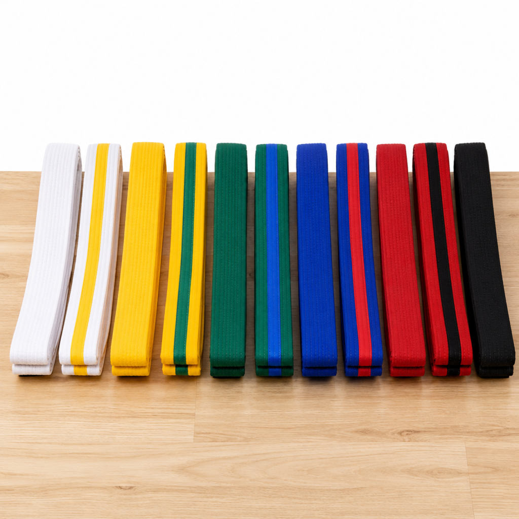 taekwondo belts in order from white to black belt showing the full colour progression