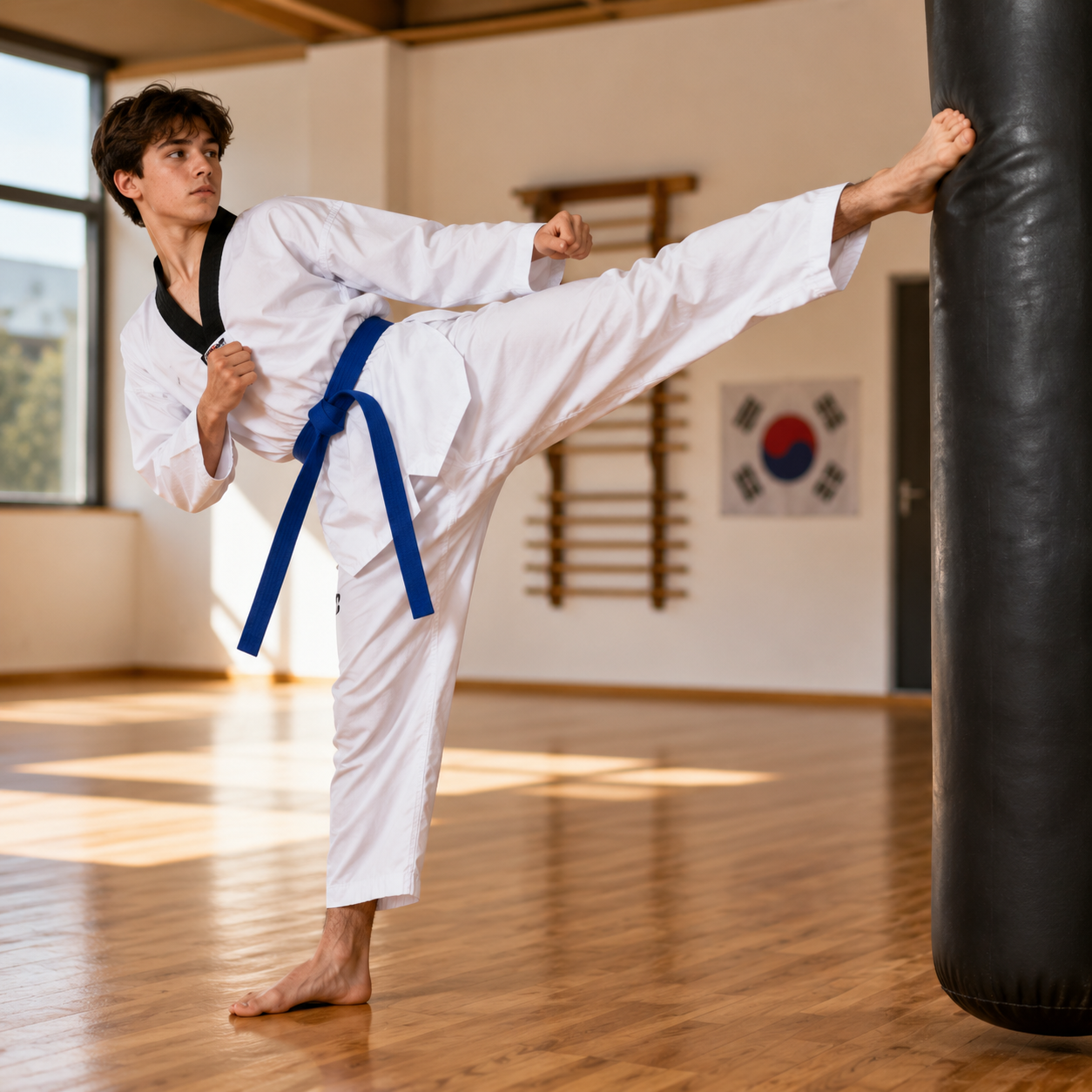 taekwondo practitioner in dobok performing kick wearing blue belt