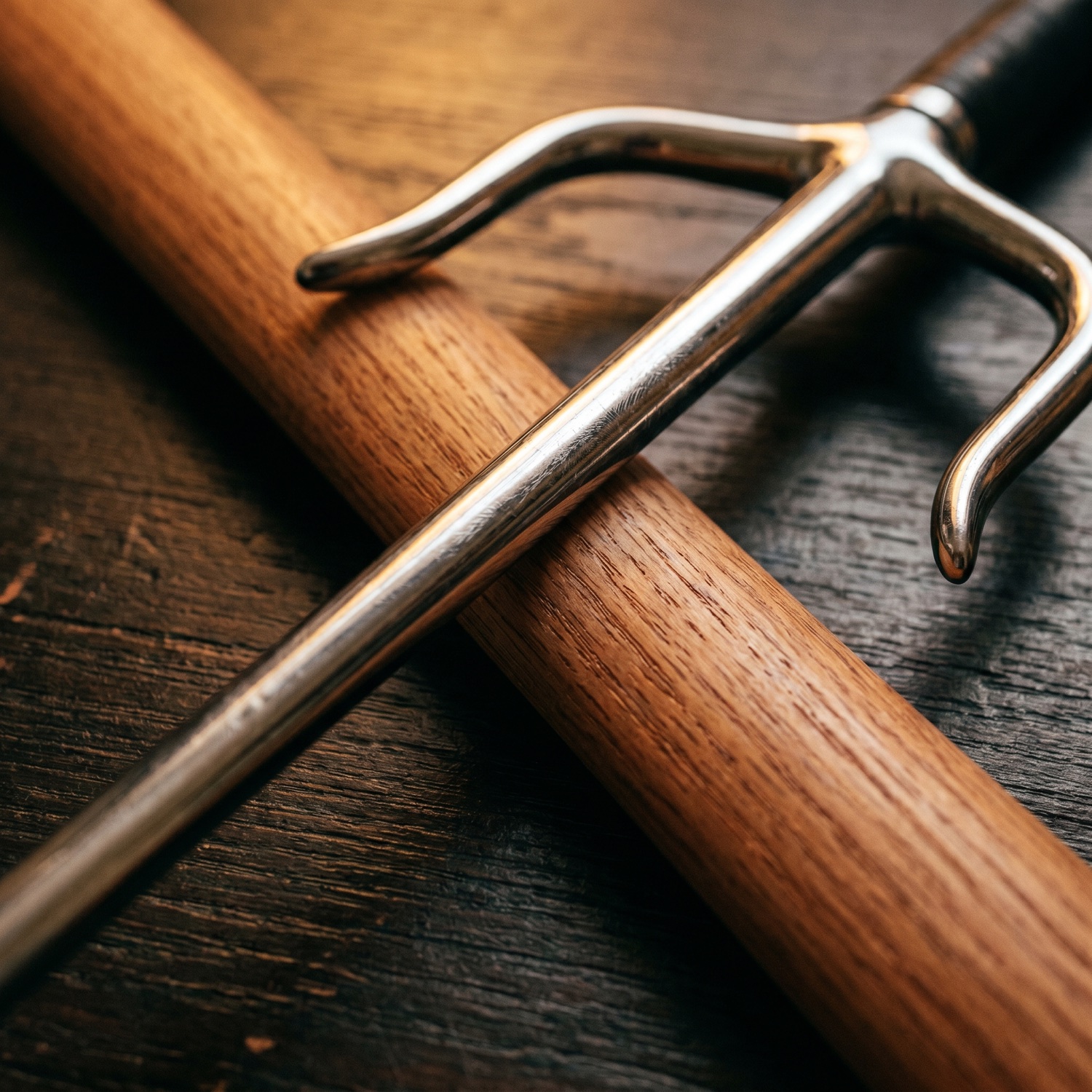 close-up of a wooden bo staff and a chrome sai on dark wood