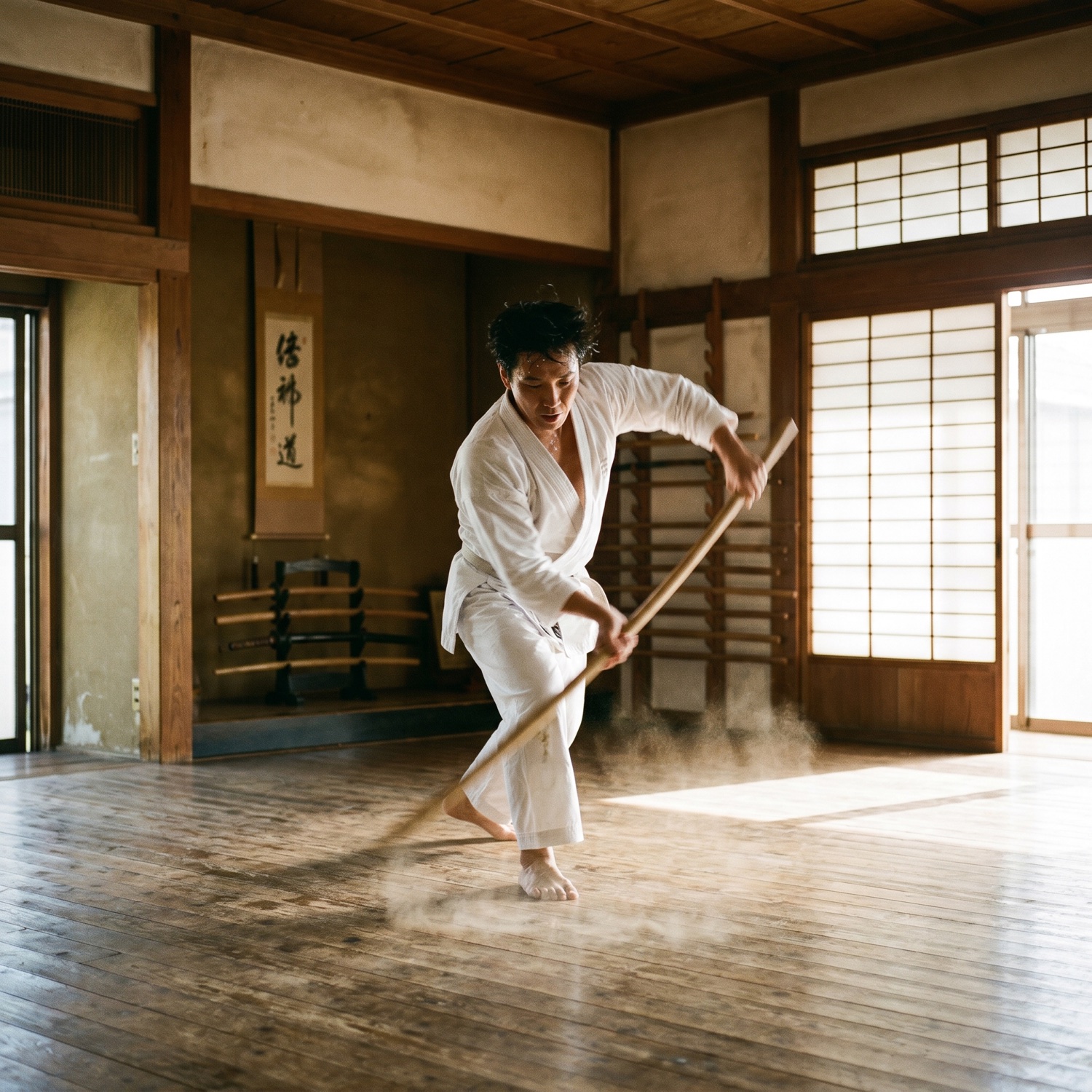 martial artist training with a bo staff in a traditional dojo