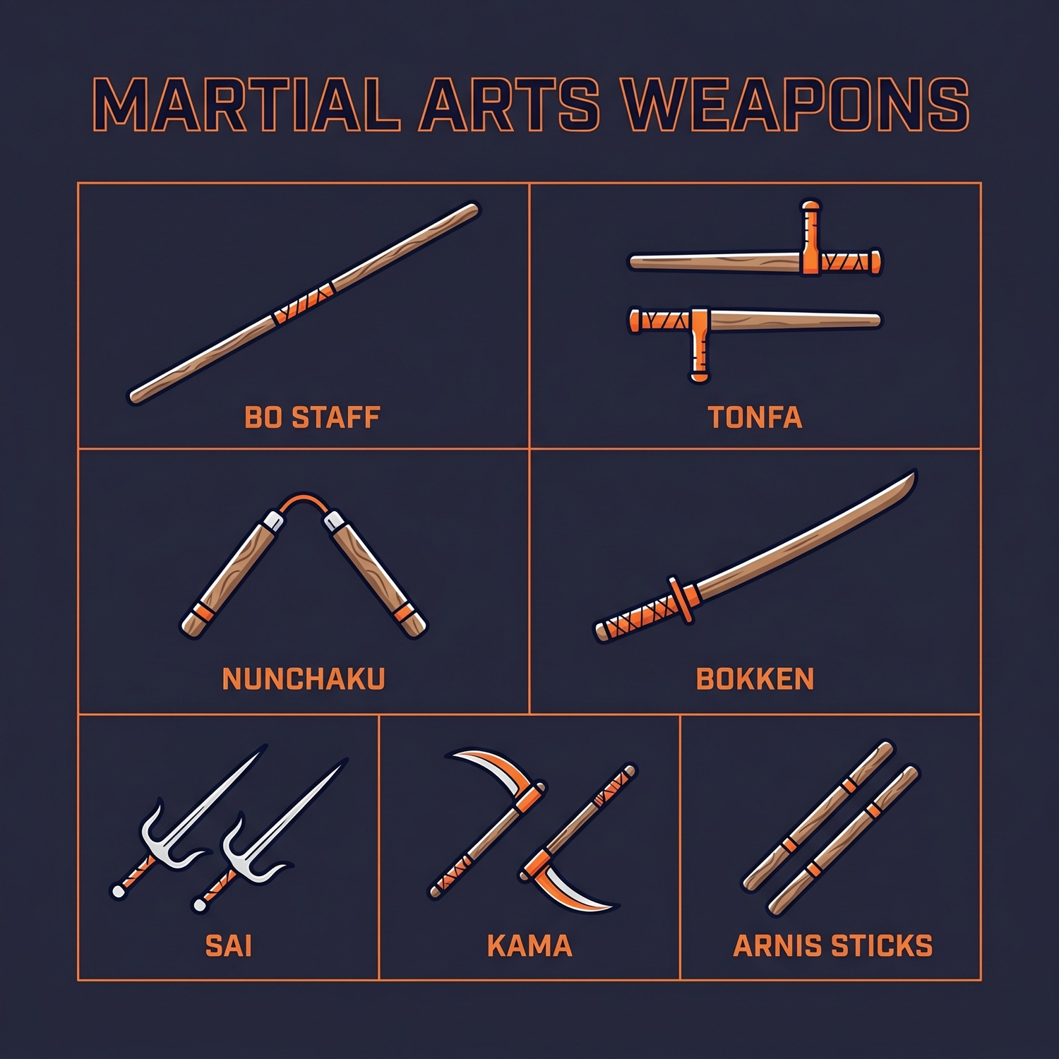 martial arts weapons comparison chart showing 7 training weapons