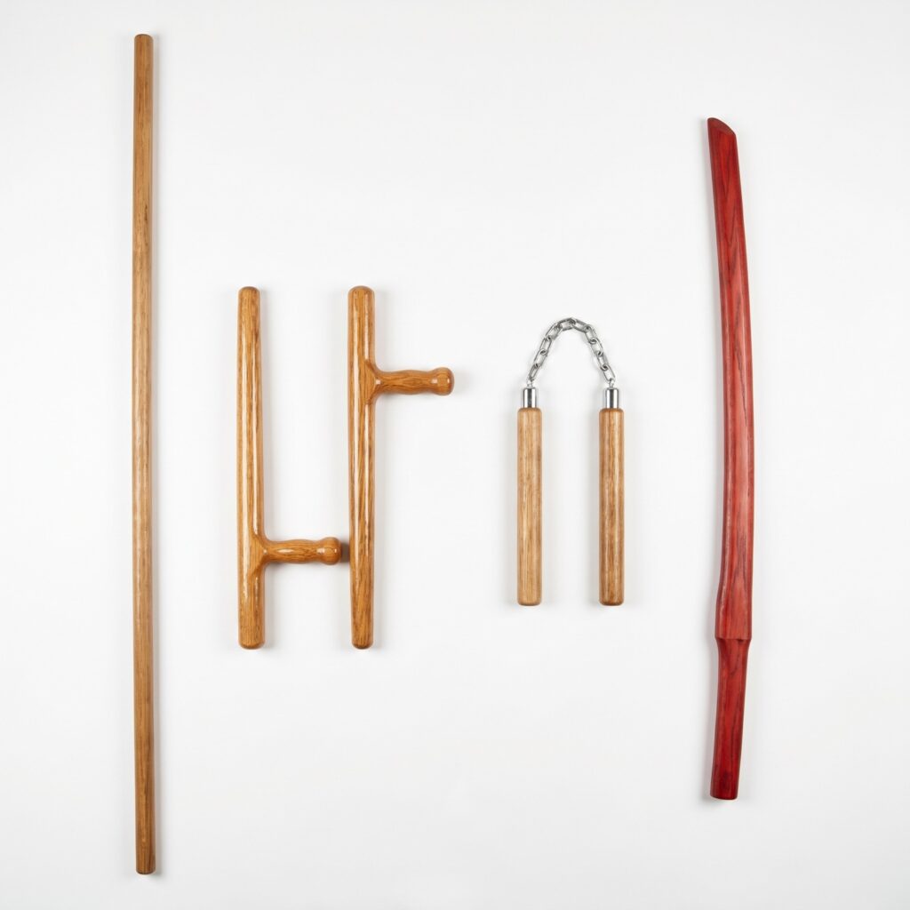 martial arts training weapons including bo staff tonfa nunchaku and bokken